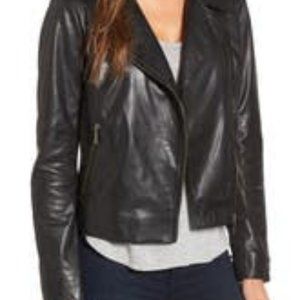 Halogen black waist length leather moto jacket XL